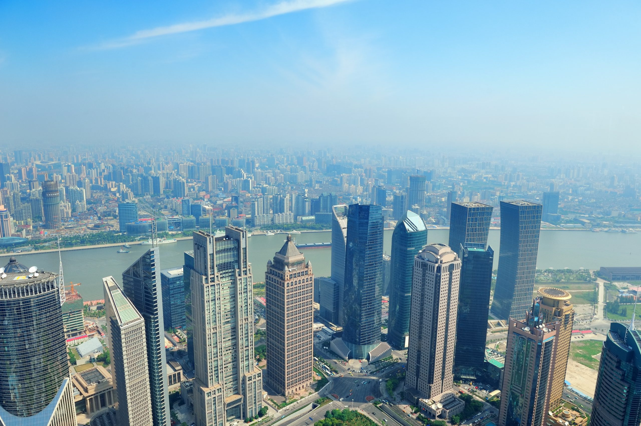 Shanghai urban city aerial view with skyscrapers.